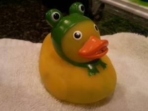  Baby J's favorite duckie who is dressed in cognito as a frog. What will I find lurking within this innocent looking bath toy?